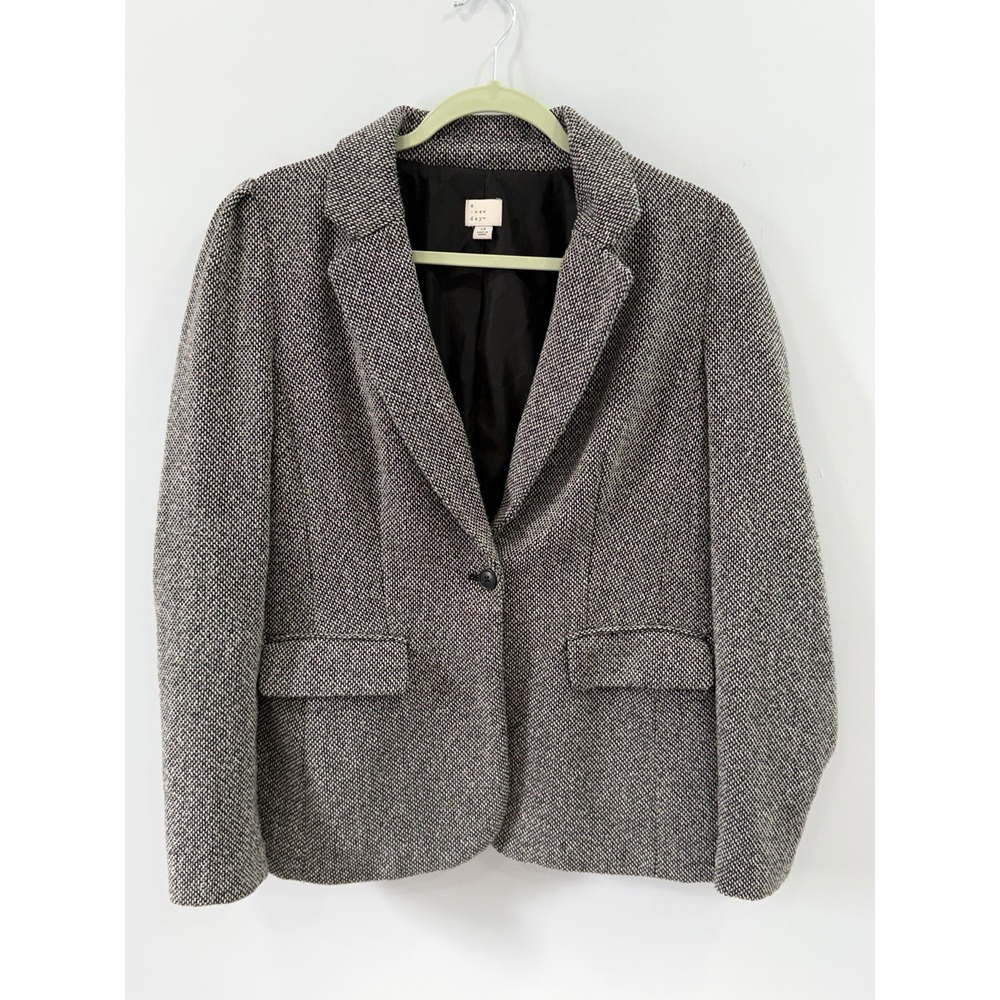 A New Day Women's Medium Tweed Blazer Brown Gray Wool Blend Front Pockets Jacket